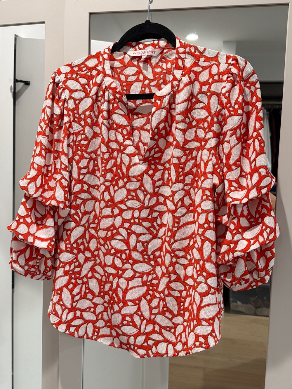 Willow Drive Orange & White Floral Print Ruffle Sleeve Blouse